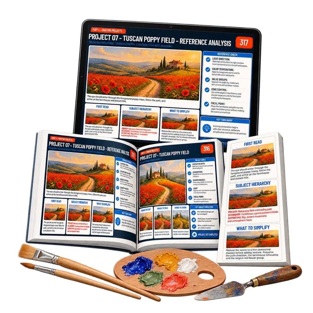 Digital acrylic painting guide: bonus. Painting supplies shown for illustration only.