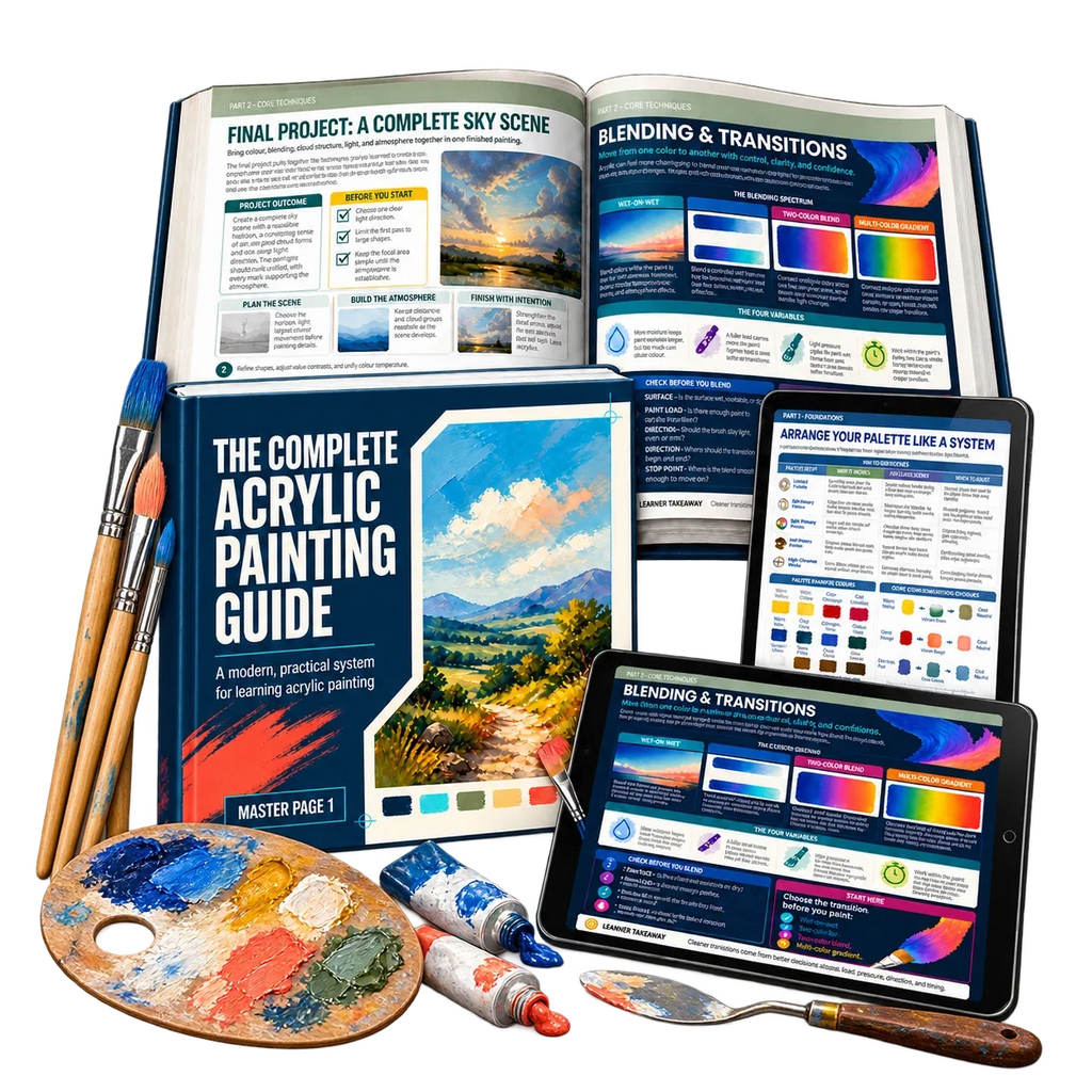 The Complete Acrylic Painting Guide with original pages and illustrative painting props. Digital PDF only.