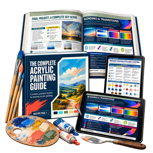 The Complete Acrylic Painting Guide with original pages and illustrative painting props. Digital PDF only.