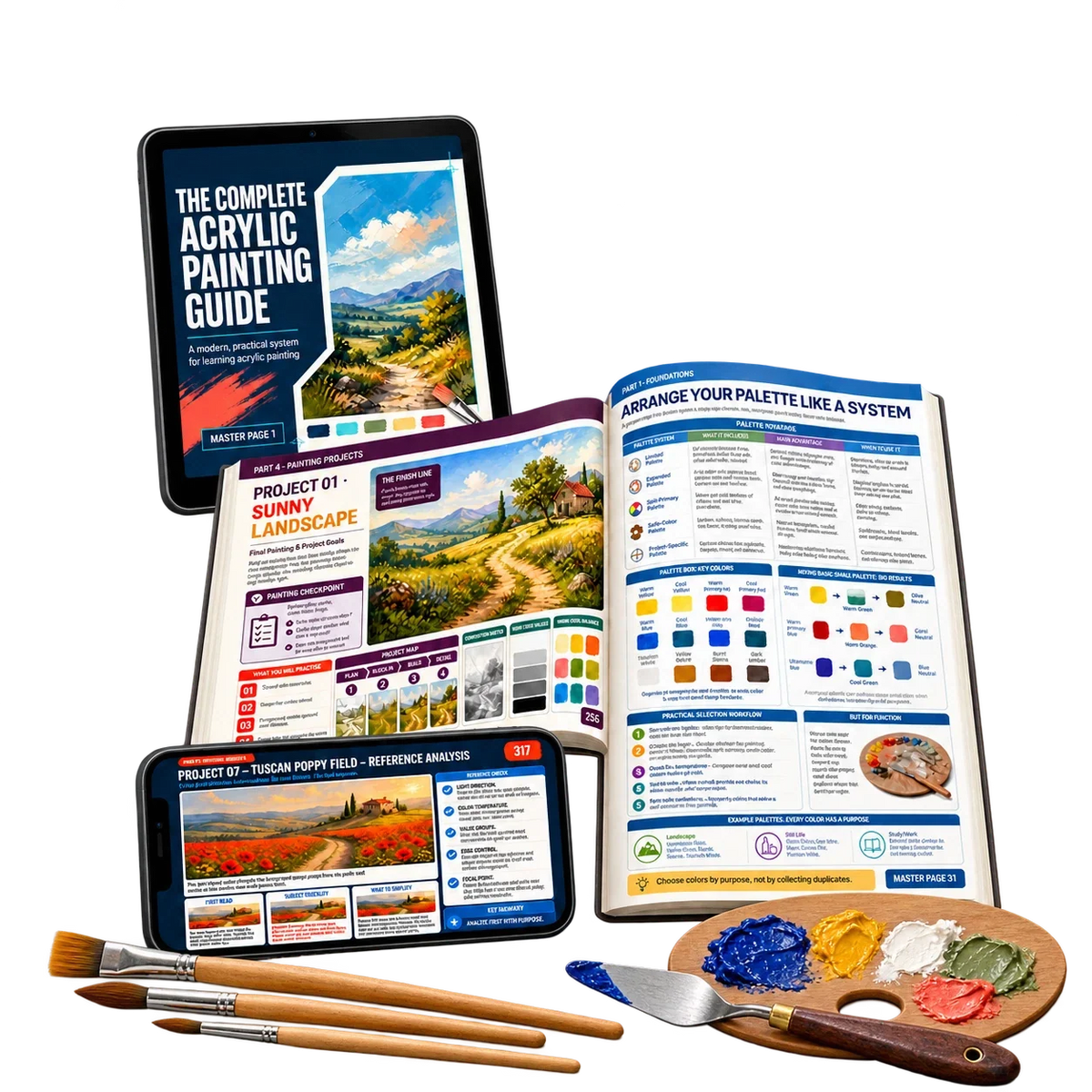 Digital acrylic painting guide: offer. Painting supplies shown for illustration only.