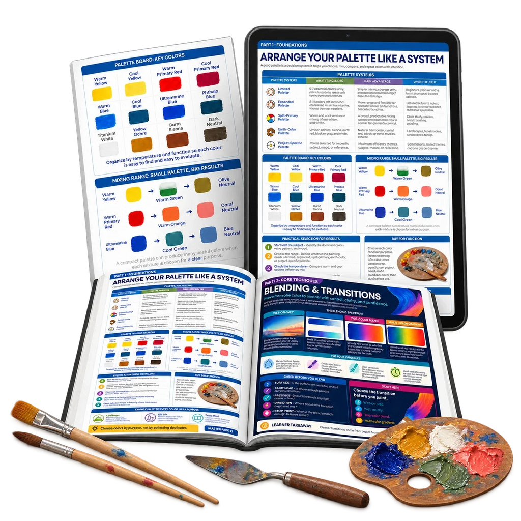 Digital acrylic painting guide: palette. Painting supplies shown for illustration only.