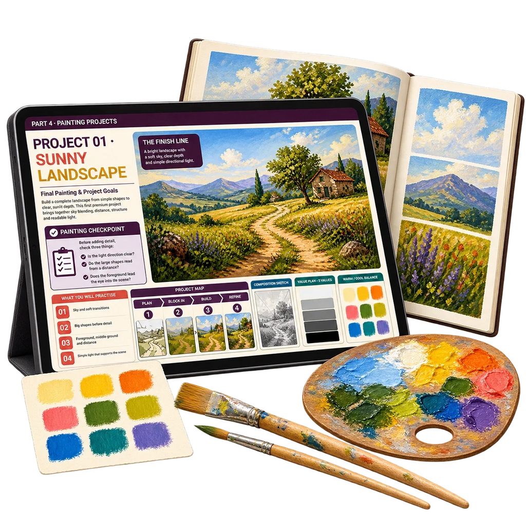 Digital acrylic painting guide: project 01. Painting supplies shown for illustration only.