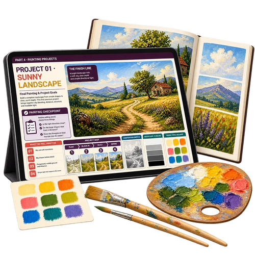 Digital acrylic painting guide: project 01. Painting supplies shown for illustration only.