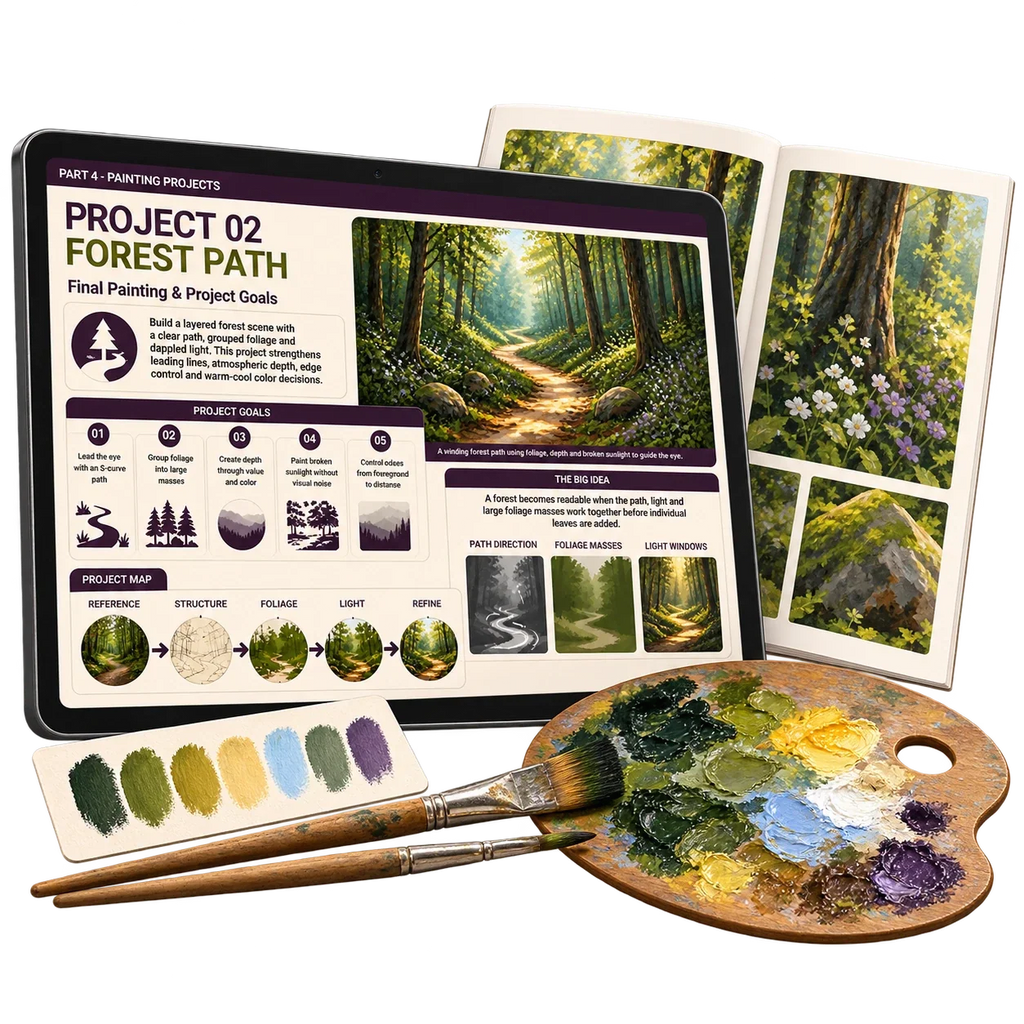 Digital acrylic painting guide: project 02. Painting supplies shown for illustration only.