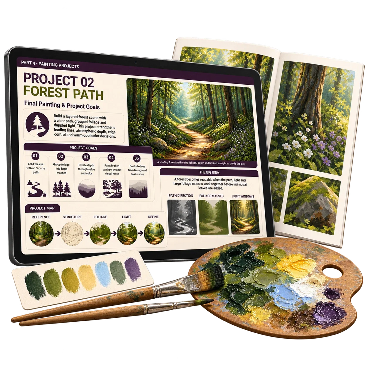Digital acrylic painting guide: project 02. Painting supplies shown for illustration only.
