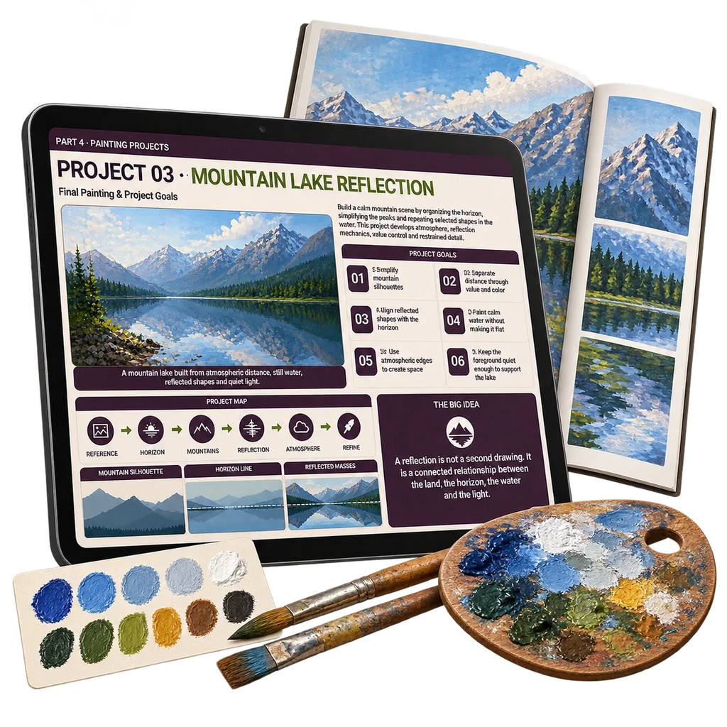 Digital acrylic painting guide: project 03. Painting supplies shown for illustration only.