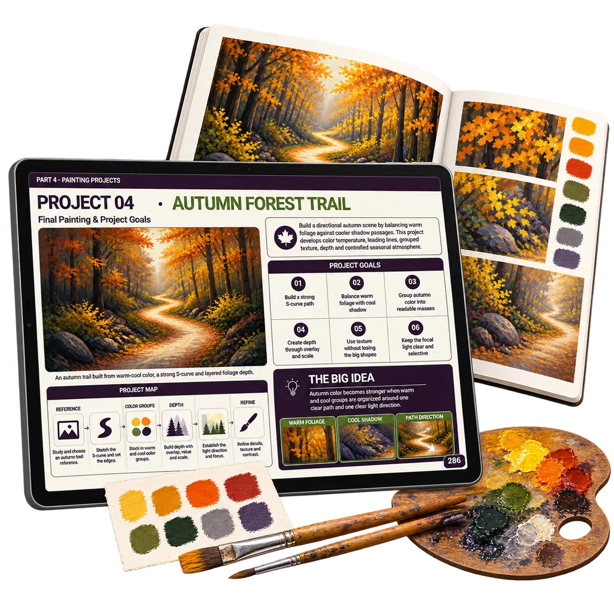 Digital acrylic painting guide: project 04. Painting supplies shown for illustration only.