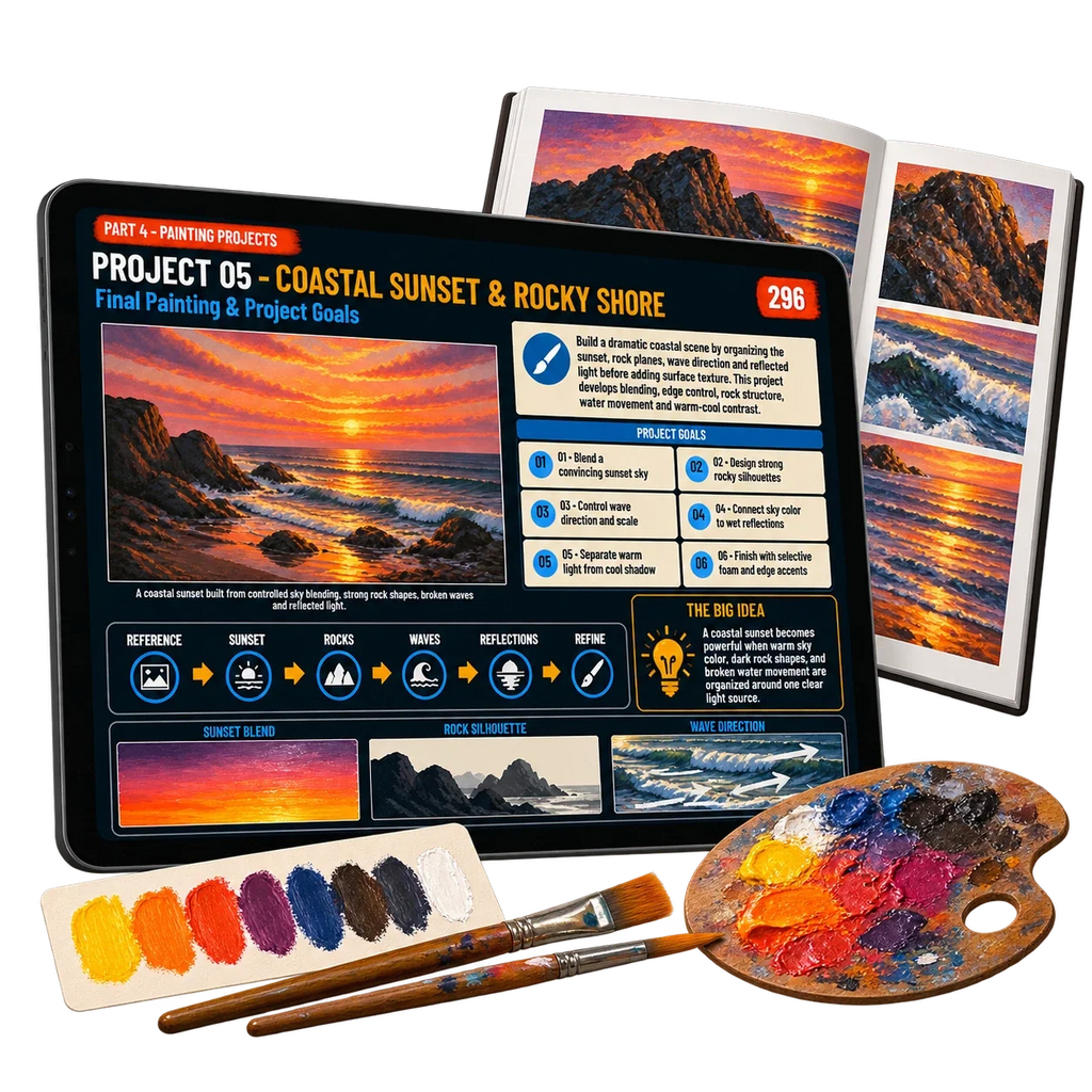 Digital acrylic painting guide: project 05. Painting supplies shown for illustration only.