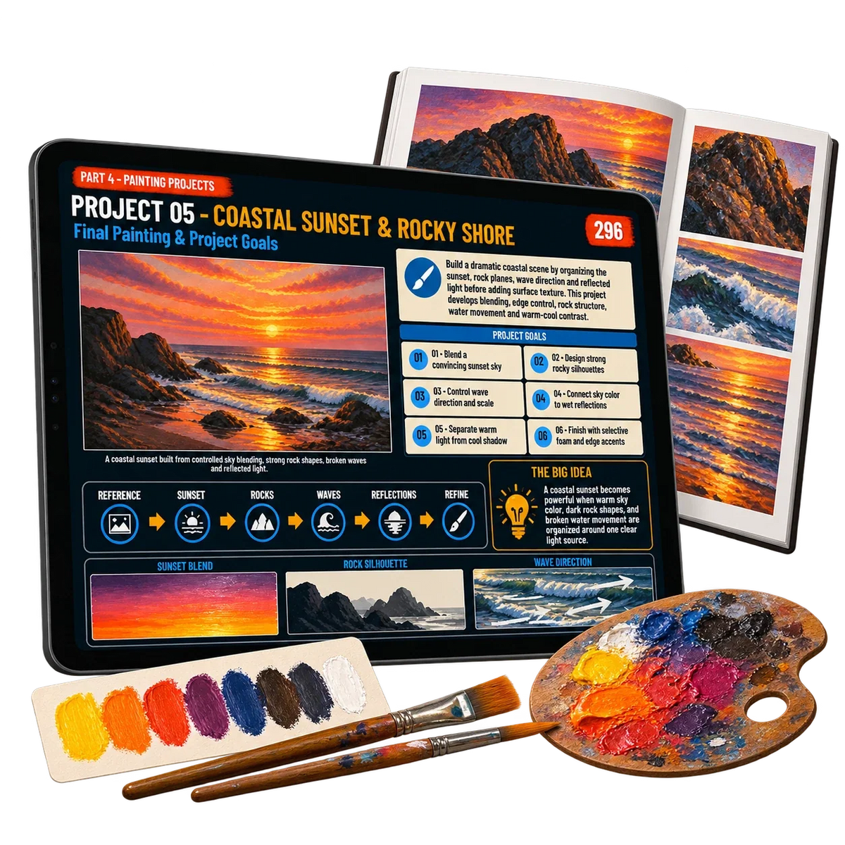 Digital acrylic painting guide: project 05. Painting supplies shown for illustration only.