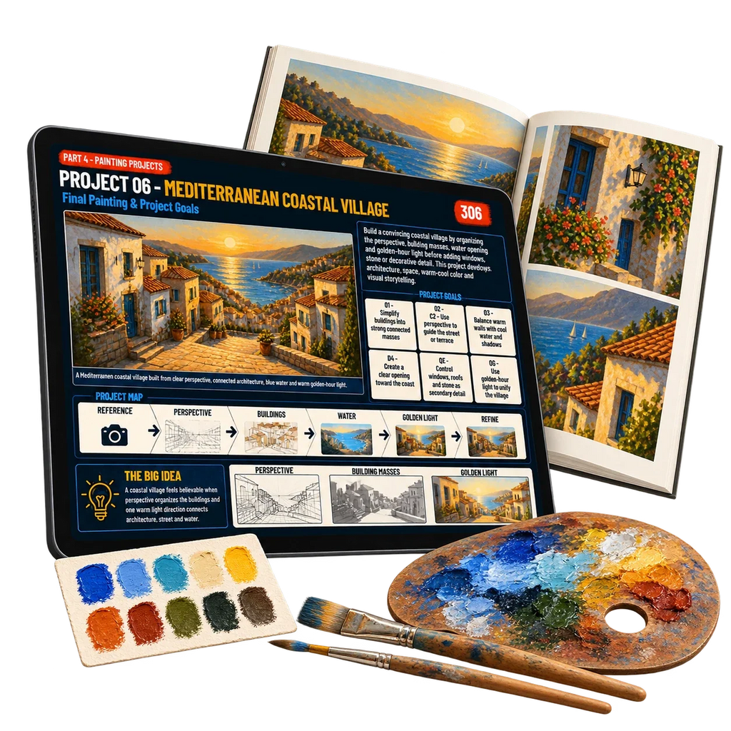 Digital acrylic painting guide: project 06. Painting supplies shown for illustration only.