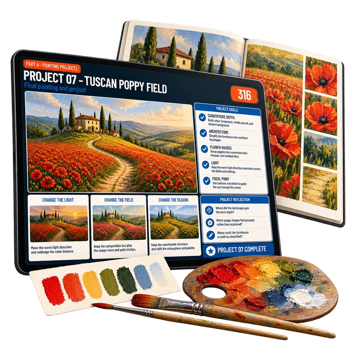 Digital acrylic painting guide: project 07. Painting supplies shown for illustration only.