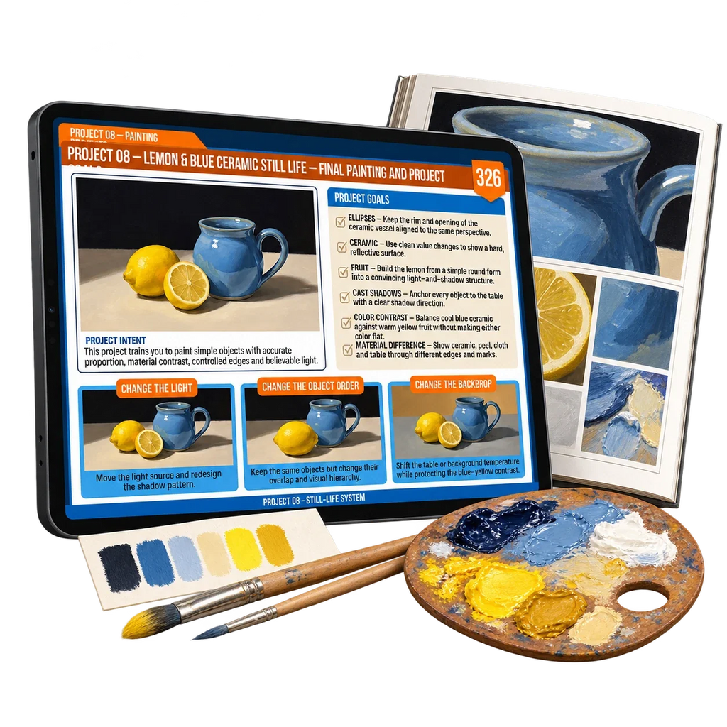Digital acrylic painting guide: project 08. Painting supplies shown for illustration only.