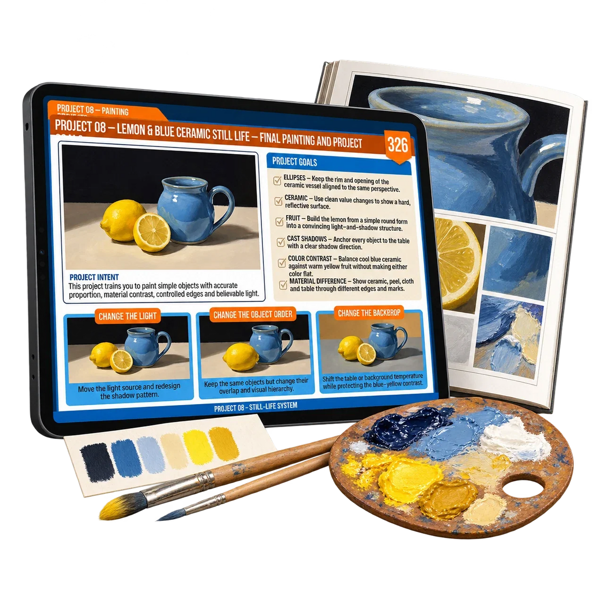 Digital acrylic painting guide: project 08. Painting supplies shown for illustration only.