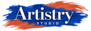 Artistry Studio, approved logo A with cobalt blue and coral paint strokes