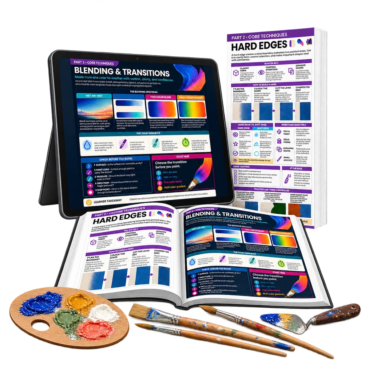 Digital acrylic painting guide: techniques. Painting supplies shown for illustration only.